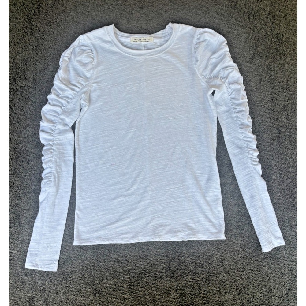 We The Free Blouse Womens Extra Small White Ruched Crew Long Sleeve Pullover